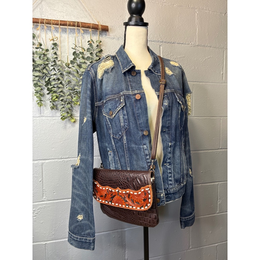Myra Bag Brown Croco Leather Tooled Floral Crossbody Bag Sunflower Whipstitch - Picture 2 of 9